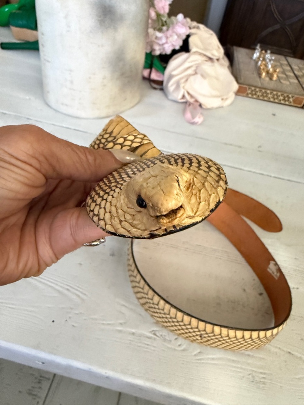 Tan Snake-Pattern Women's Leather Belt with Sculpted Snake Buckle